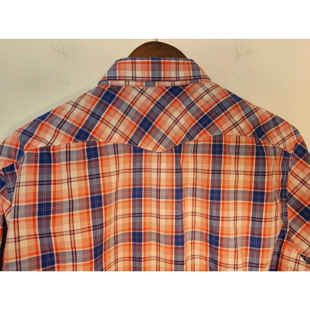 Western Banana Republic Plaid Shirt Mens Large Orange Blue Slim Fit Snap Front